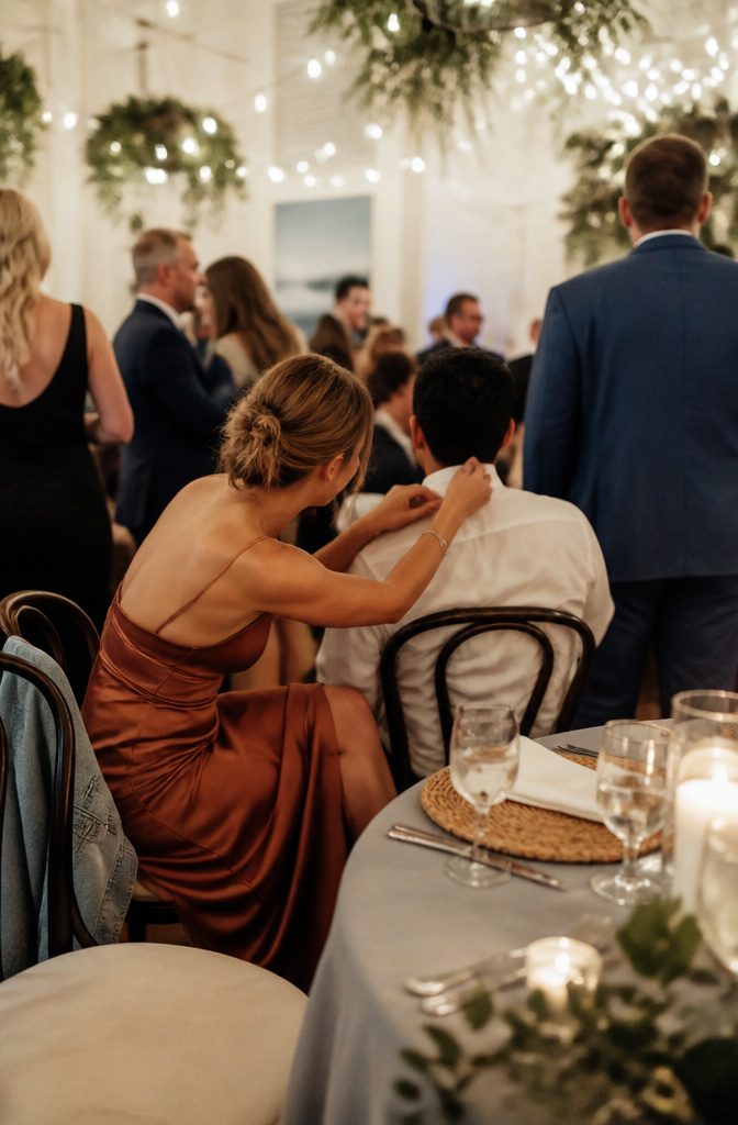 20 Wedding Photography Ideas for 2026 10 Bridesmaid sitting and adjusting collar while guests mingle around.