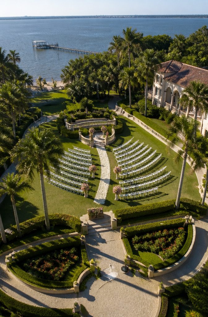 20 Wedding Photography Ideas for 2026 14 Drone view of the outdoor ceremony layout and guest seating.