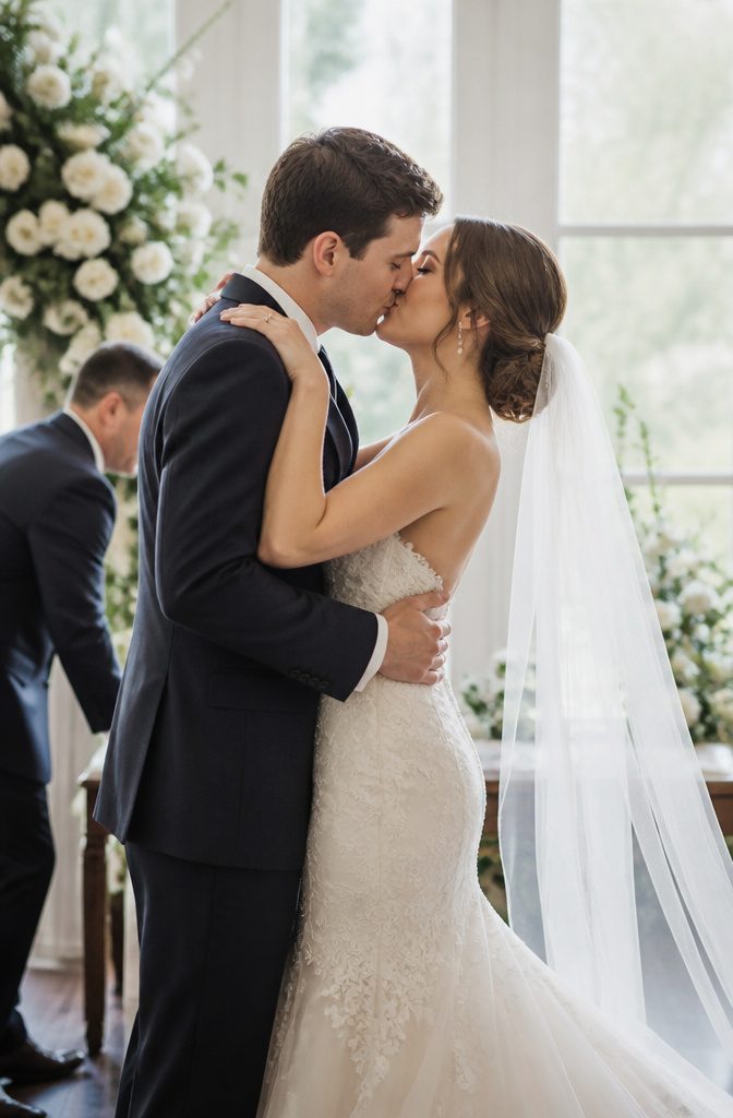 20 Wedding Photography Ideas for 2026 18 Couple sharing their first kiss during the wedding ceremony.