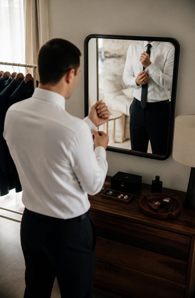 20 Wedding Photography Ideas for 2026 9 Groom standing in front of a mirror adjusting cufflinks.