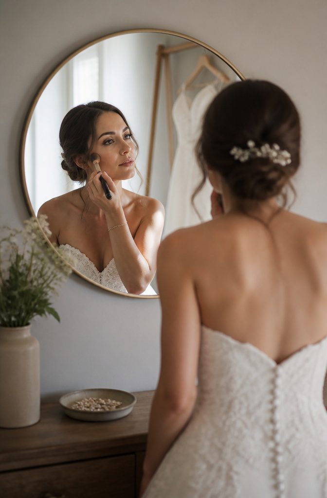 20 Wedding Photography Ideas for 2026 3 Bride applying makeup in front of a mirror with natural light.