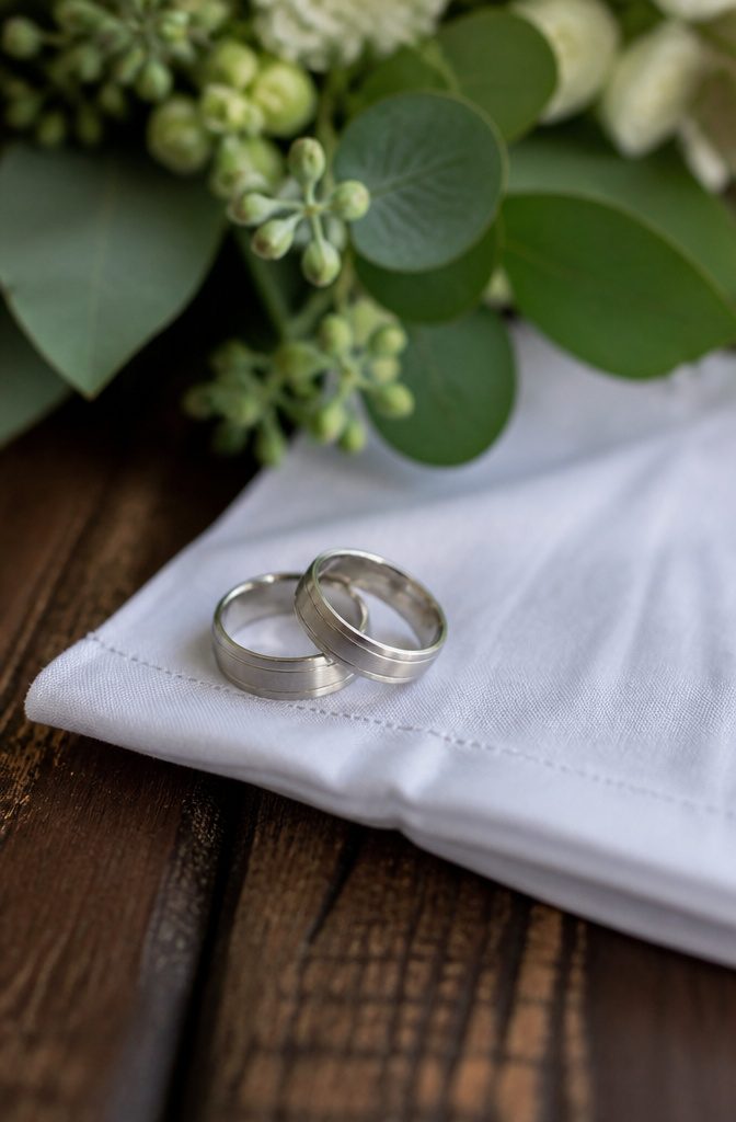 20 Wedding Photography Ideas for 2026 2 Platinum wedding bands resting on a white handkerchief with a bouquet in the background.