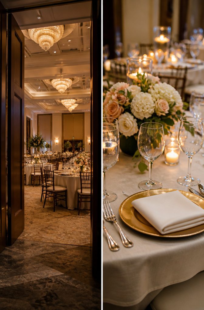 20 Wedding Photography Ideas for 2026 19 Empty reception room with tables set for the wedding dinner.