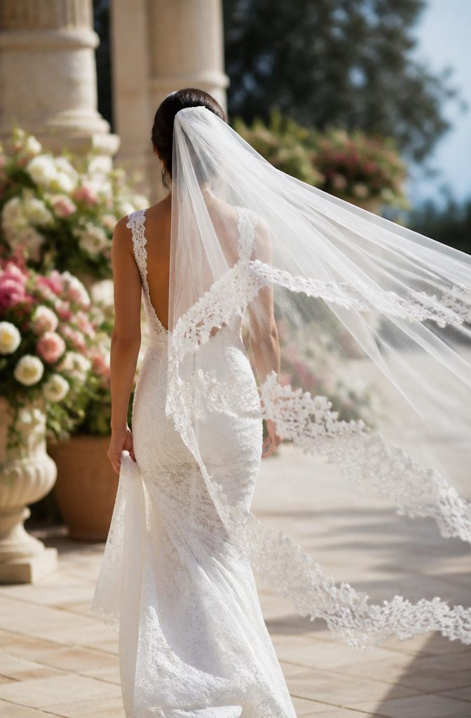 20 Wedding Photography Ideas for 2026 7 Bride walking with a cathedral-length veil billowing in the breeze.