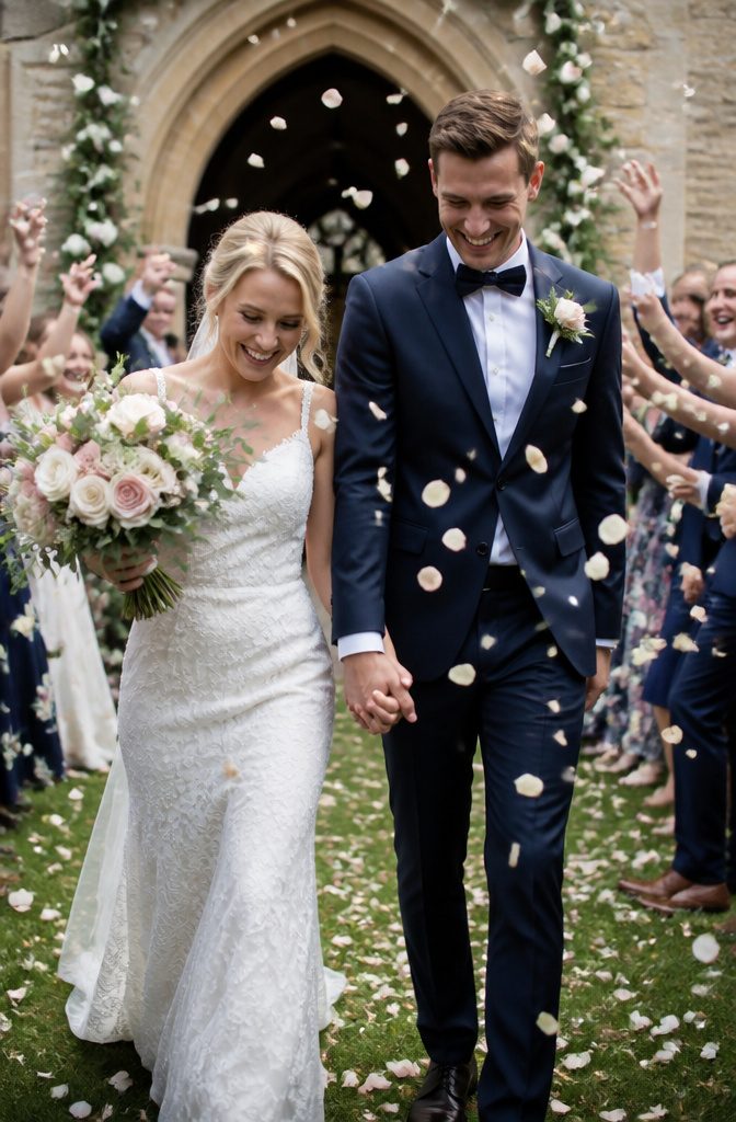 20 Wedding Photography Ideas for 2026 16 Couple walking hand-in-hand down the aisle as guests throw petals.