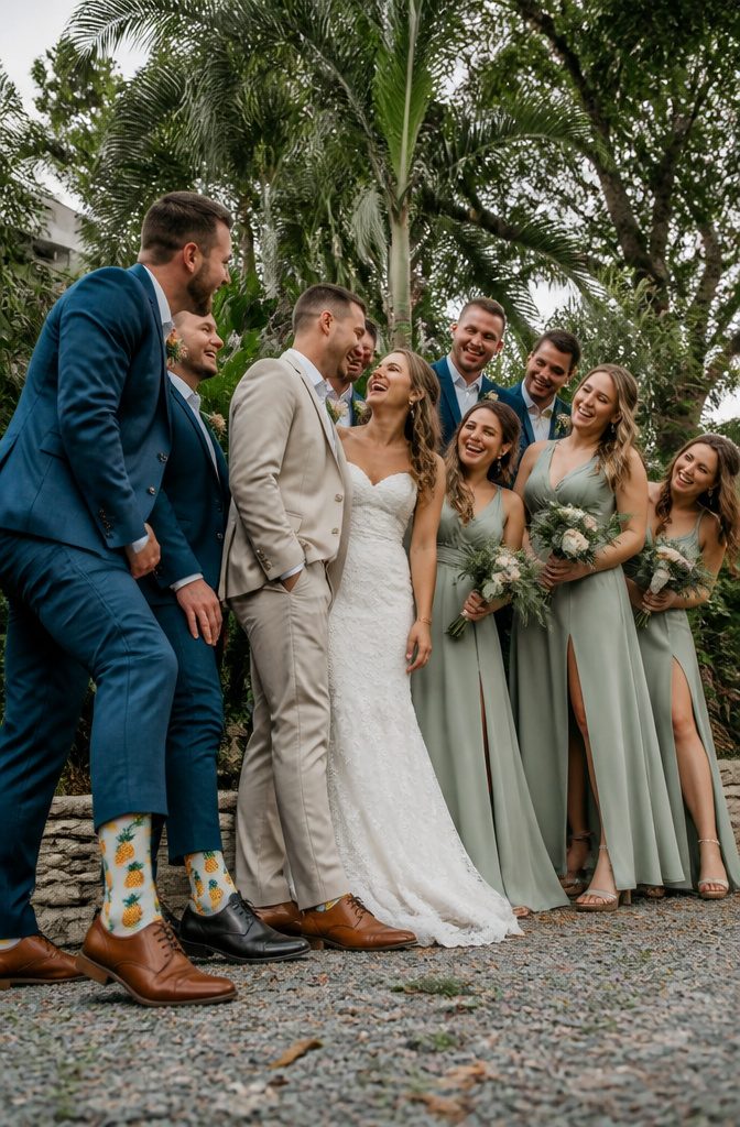 20 Wedding Photography Ideas for 2026 12 Couple with groomsmen and bridesmaids arranged in a group photo.