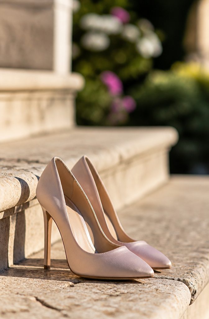 20 Wedding Photography Ideas for 2026 5 A pair of wedding shoes placed on a white bedspread.