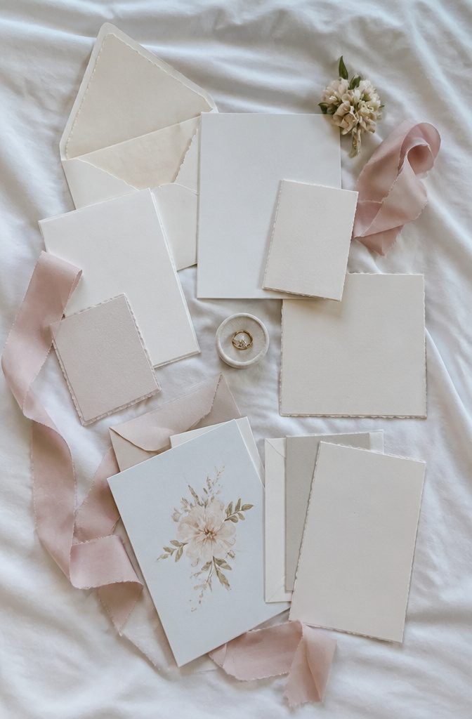 20 Wedding Photography Ideas for 2026 1 Invitations, save-the-dates, menus, and place cards arranged on a white sheet.