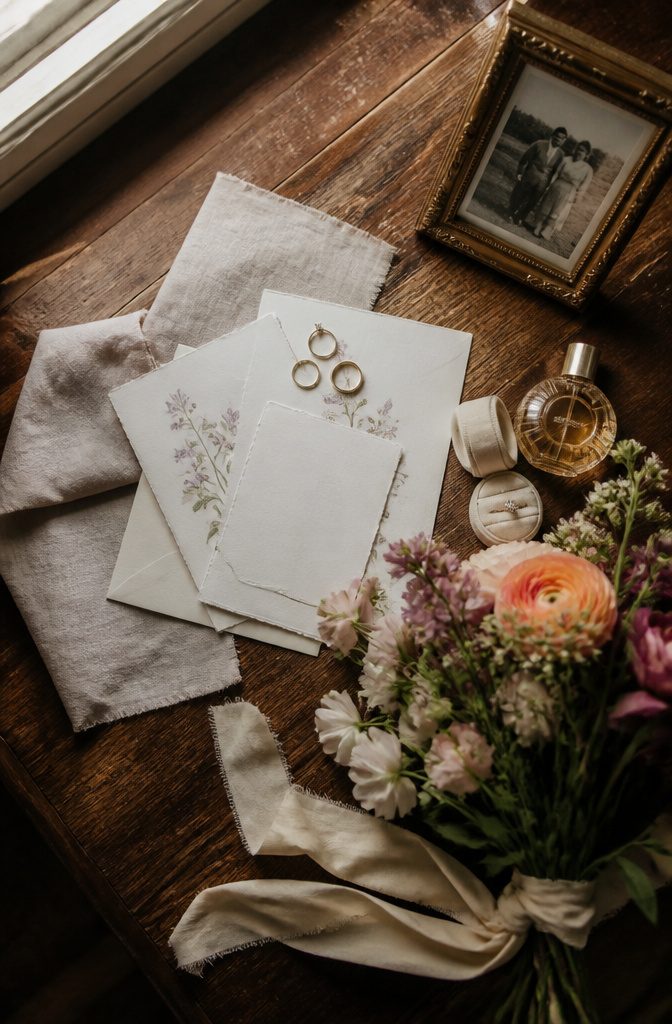 Rings and flowers arranged in a flat lay for photography.