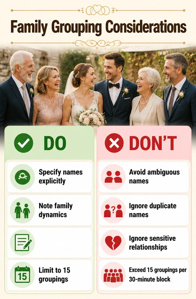 A list of family groupings for wedding photography.