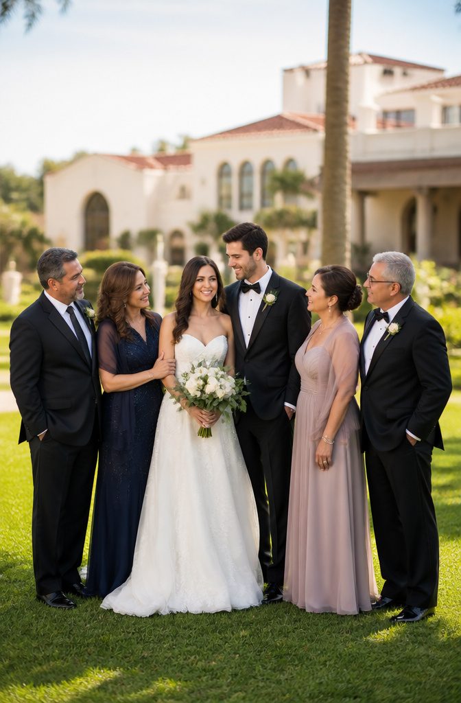 Group family portrait session after the wedding.