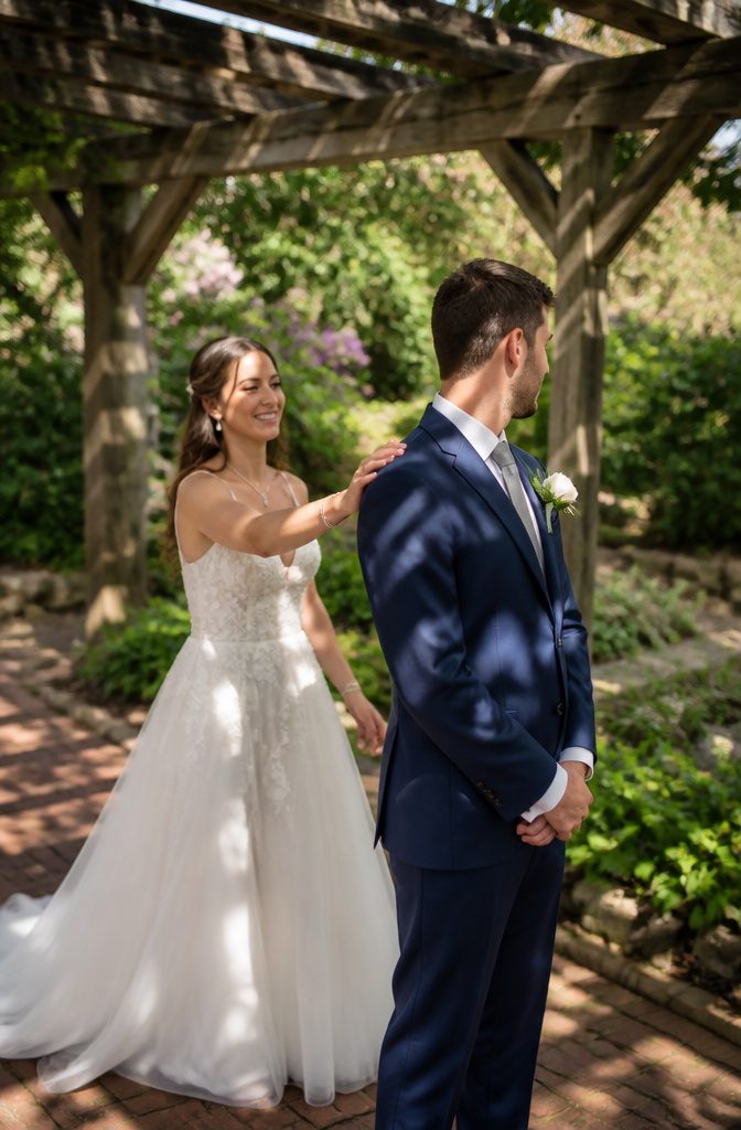 A couple embracing during their first look moment.