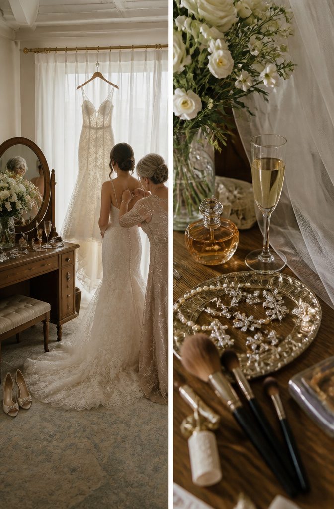 A bridal gown hanging in natural light.