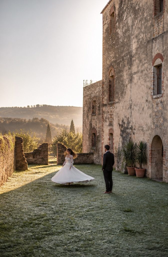 A couple in wedding clothes during a post-wedding photo session.