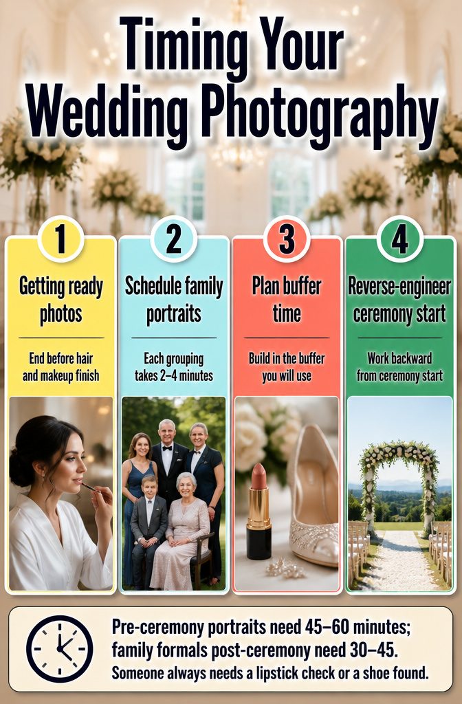 A timeline graphic for wedding photography scheduling.
