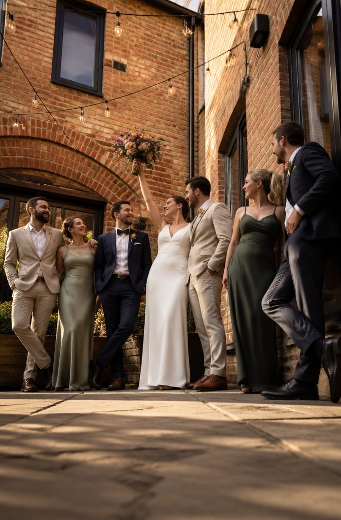 The wedding party standing in a formal lineup.