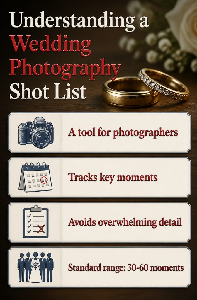 An organized shot list for wedding photography.