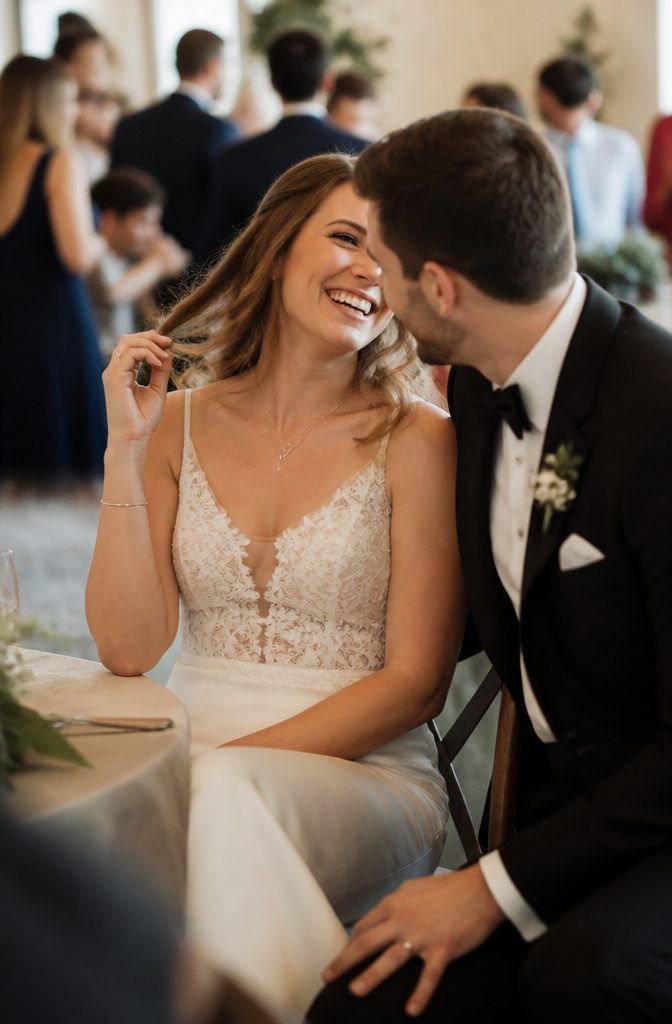 15 Wedding Photo Ideas for Bride and Groom | Poses Guide 2026 16 Bride and groom laughing during a reception.