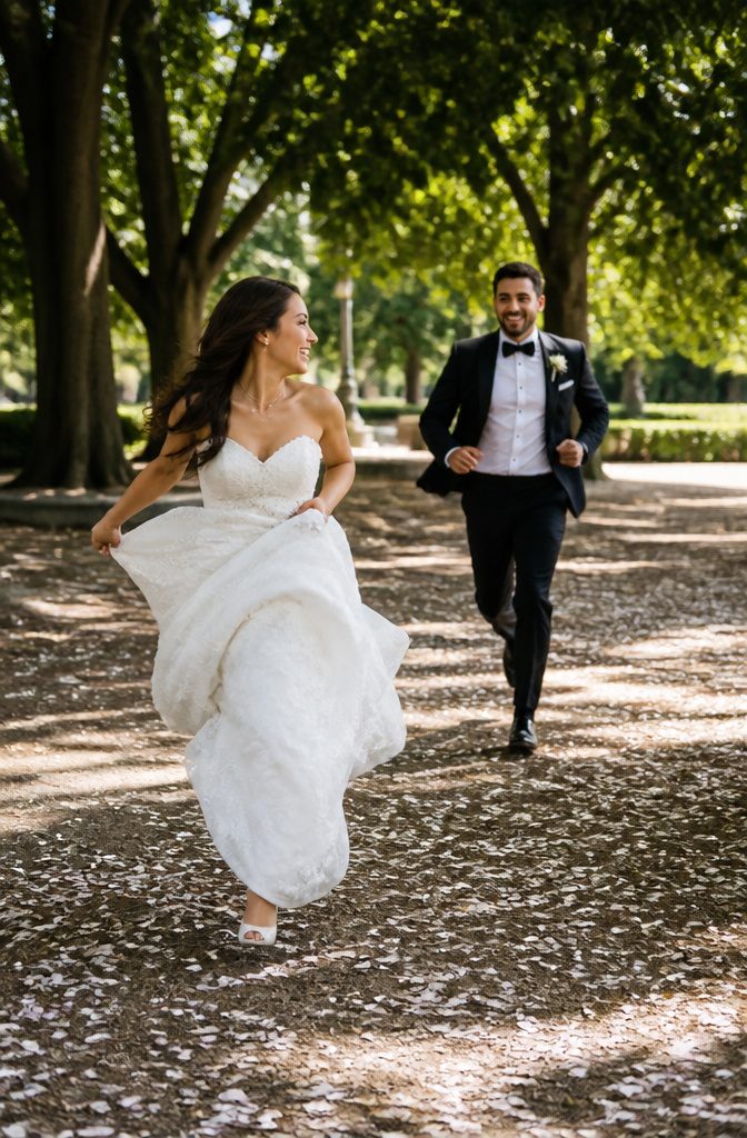15 Wedding Photo Ideas for Bride and Groom | Poses Guide 2026 2 Bride running ahead while groom follows in a sunlit park.
