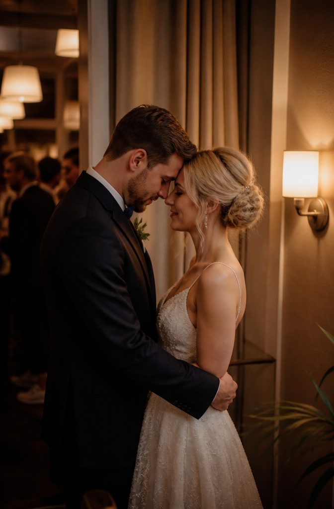 15 Wedding Photo Ideas for Bride and Groom | Poses Guide 2026 11 Bride and groom resting foreheads together in a crowded venue.