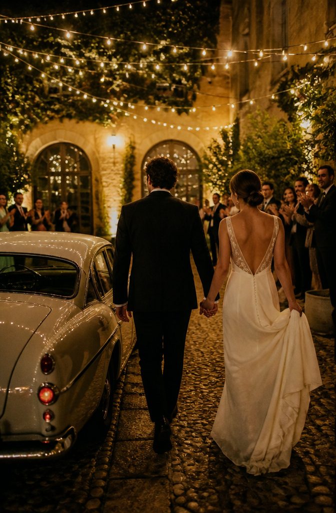 15 Wedding Photo Ideas for Bride and Groom | Poses Guide 2026 14 Bride and groom walking towards a car with guests cheering.