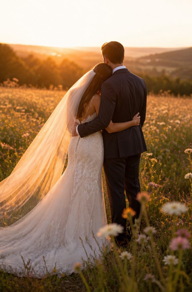 15 Wedding Photo Ideas for Bride and Groom | Poses Guide 2026 17 Bride and groom in a field during golden hour.