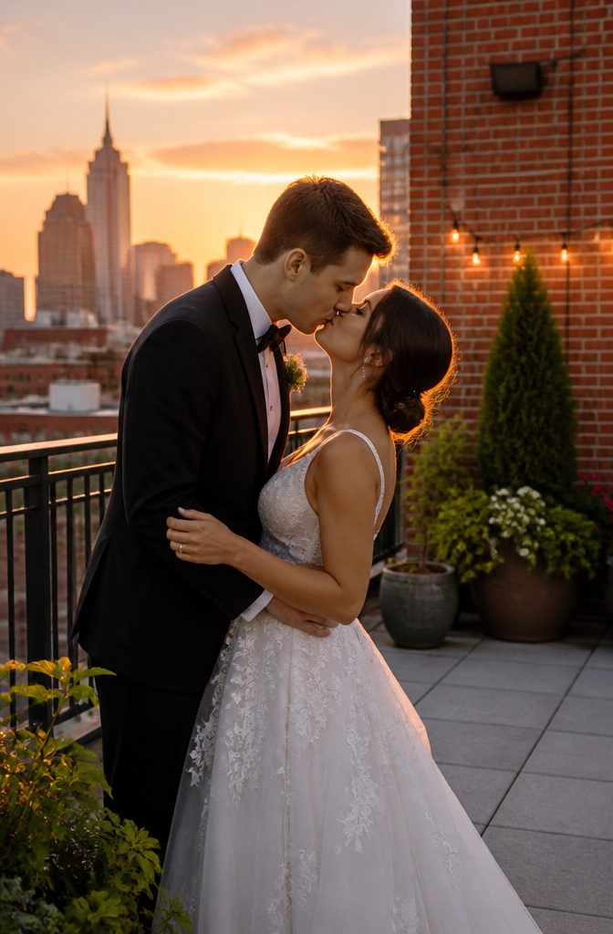 15 Wedding Photo Ideas for Bride and Groom | Poses Guide 2026 3 Groom kissing bride on a rooftop with city skyline at sunset.