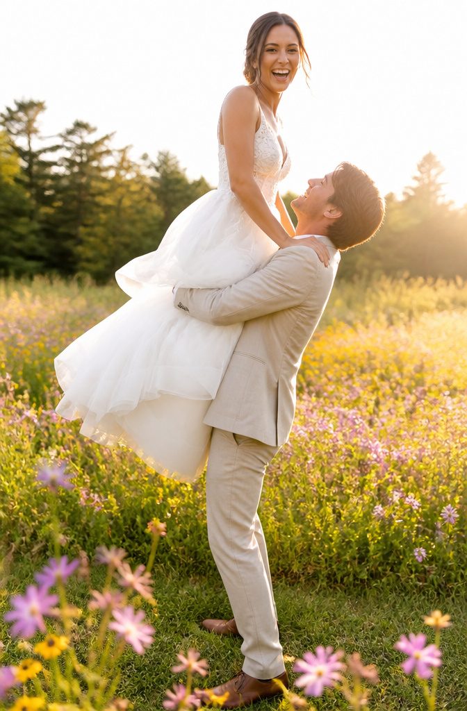 15 Wedding Photo Ideas for Bride and Groom | Poses Guide 2026 8 Groom lifting bride in a field of wildflowers.