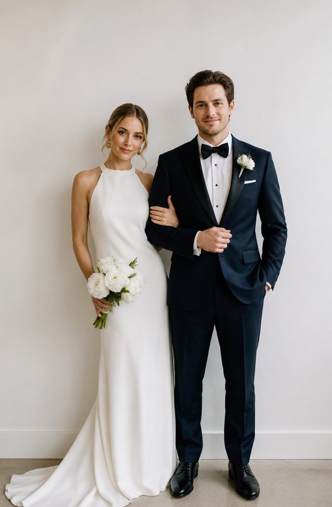 15 Wedding Photo Ideas for Bride and Groom | Poses Guide 2026 13 Bride and groom standing in front of a white wall.