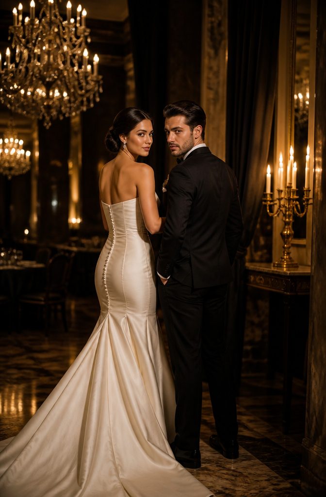 15 Wedding Photo Ideas for Bride and Groom | Poses Guide 2026 5 Bride and groom posing in a ballroom with chandeliers.