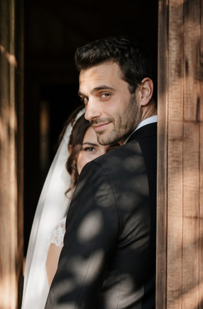 15 Wedding Photo Ideas for Bride and Groom | Poses Guide 2026 6 Bride peeking from behind groom's shoulder in a doorway.