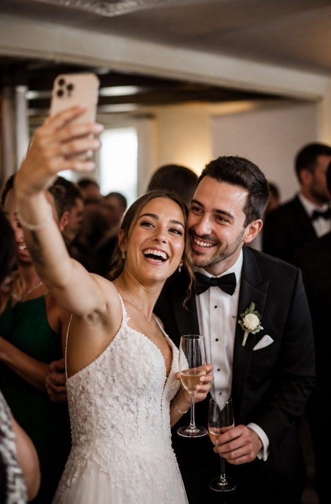 15 Wedding Photo Ideas for Bride and Groom | Poses Guide 2026 10 Bride and groom taking a selfie at their wedding reception.