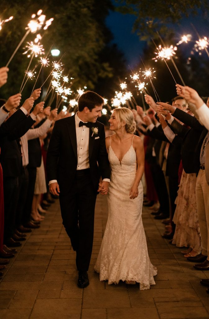 15 Wedding Photo Ideas for Bride and Groom | Poses Guide 2026 15 Bride and groom walking through a tunnel of lit sparklers.
