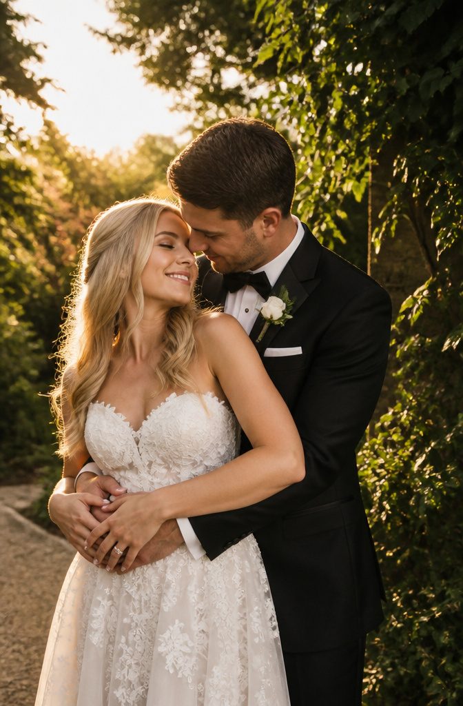 15 Wedding Photo Ideas for Bride and Groom | Poses Guide 2026 1 Bride and groom embracing with foreheads touching in a garden.