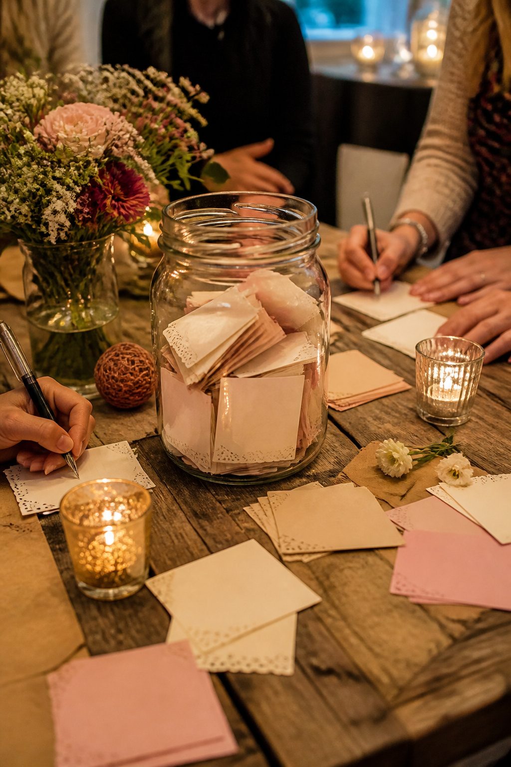 20 Wedding Sign In Ideas Guest Books Couples Actually Keep 13 A glass jar surrounded by cards for guests to write date night ideas.