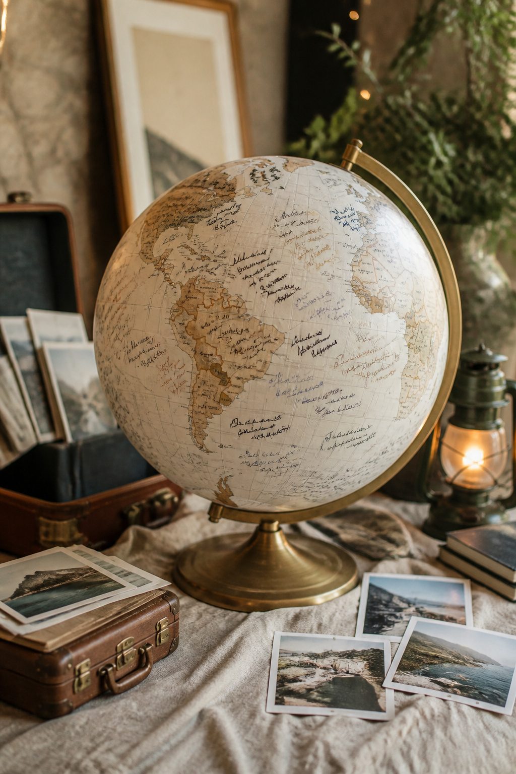 20 Wedding Sign In Ideas Guest Books Couples Actually Keep 9 A globe guest book with guests writing messages on its surface.