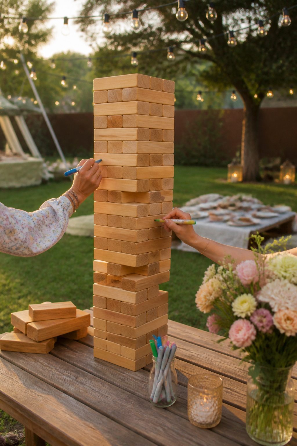 20 Wedding Sign In Ideas Guest Books Couples Actually Keep 4 A rustic Jenga tower on a picnic table surrounded by flowers.