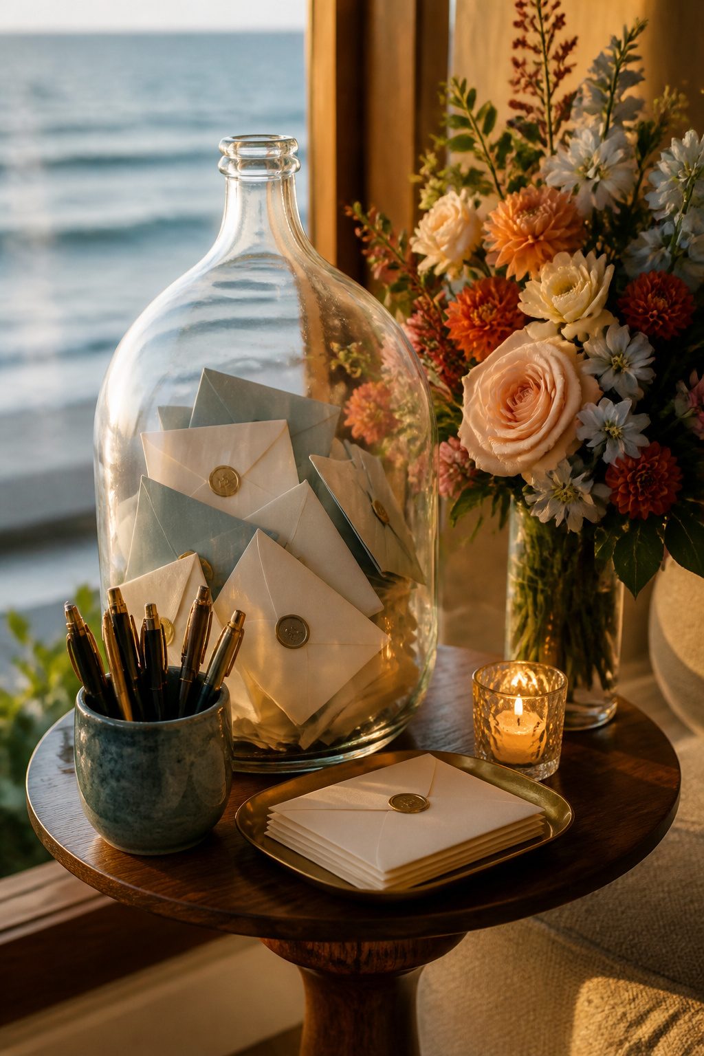 20 Wedding Sign In Ideas Guest Books Couples Actually Keep 7 A glass bottle filled with envelopes for guests to write notes.