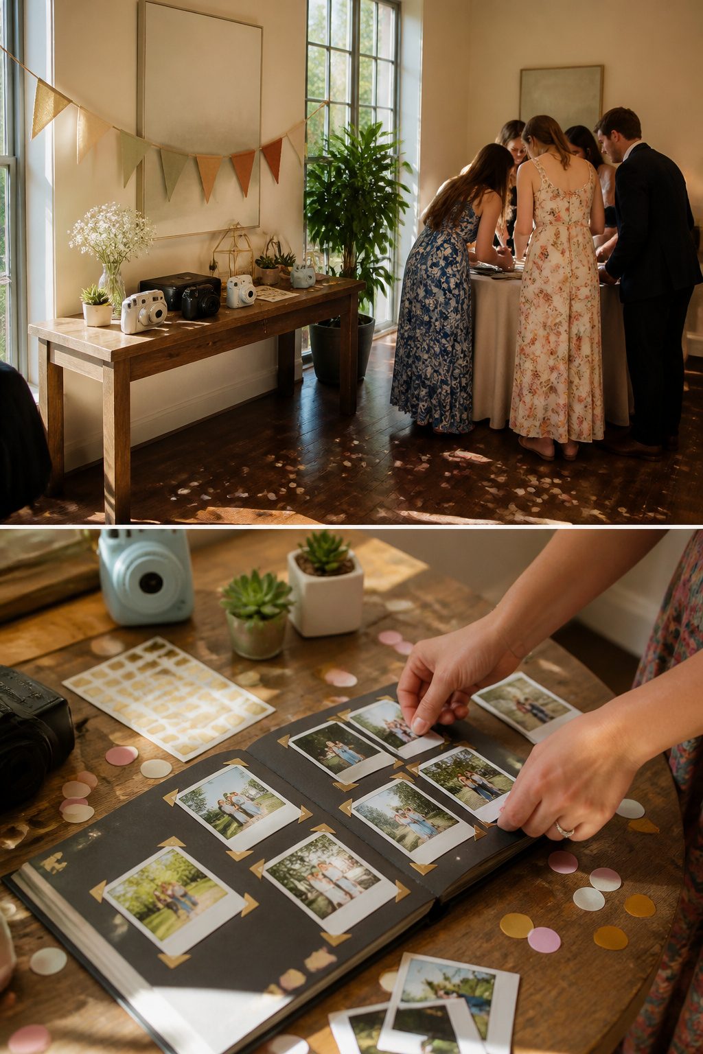 20 Wedding Sign In Ideas Guest Books Couples Actually Keep 2 A Polaroid station with guests taking photos and writing messages.