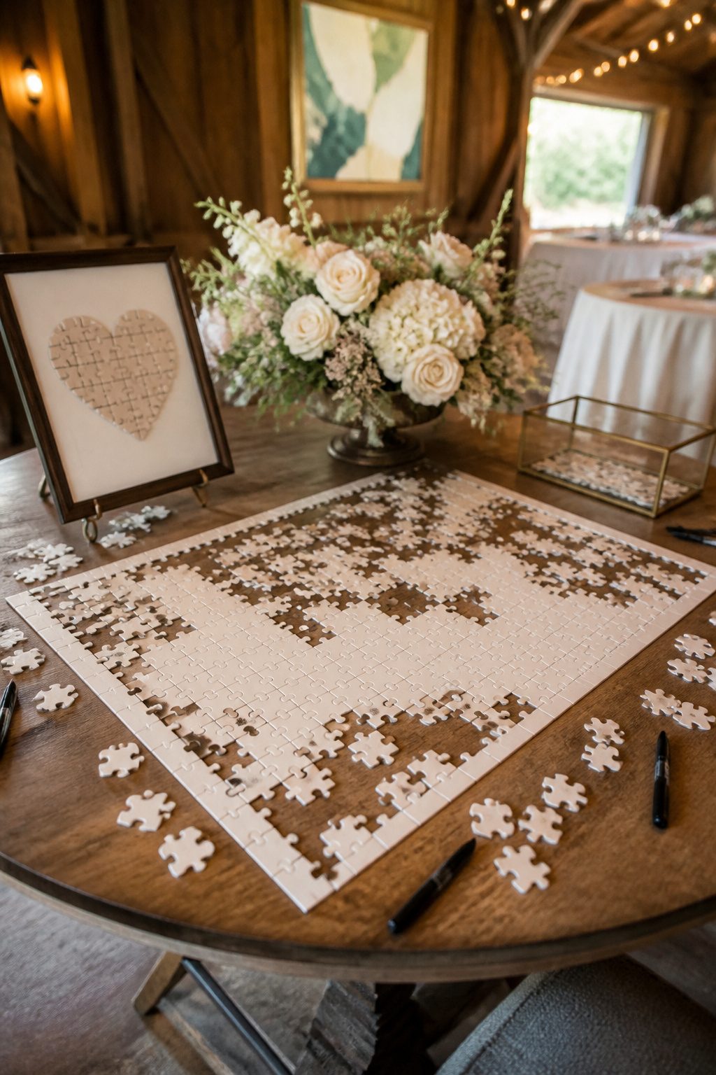 20 Wedding Sign In Ideas Guest Books Couples Actually Keep 6 A jigsaw puzzle on a table with guests writing messages on pieces.