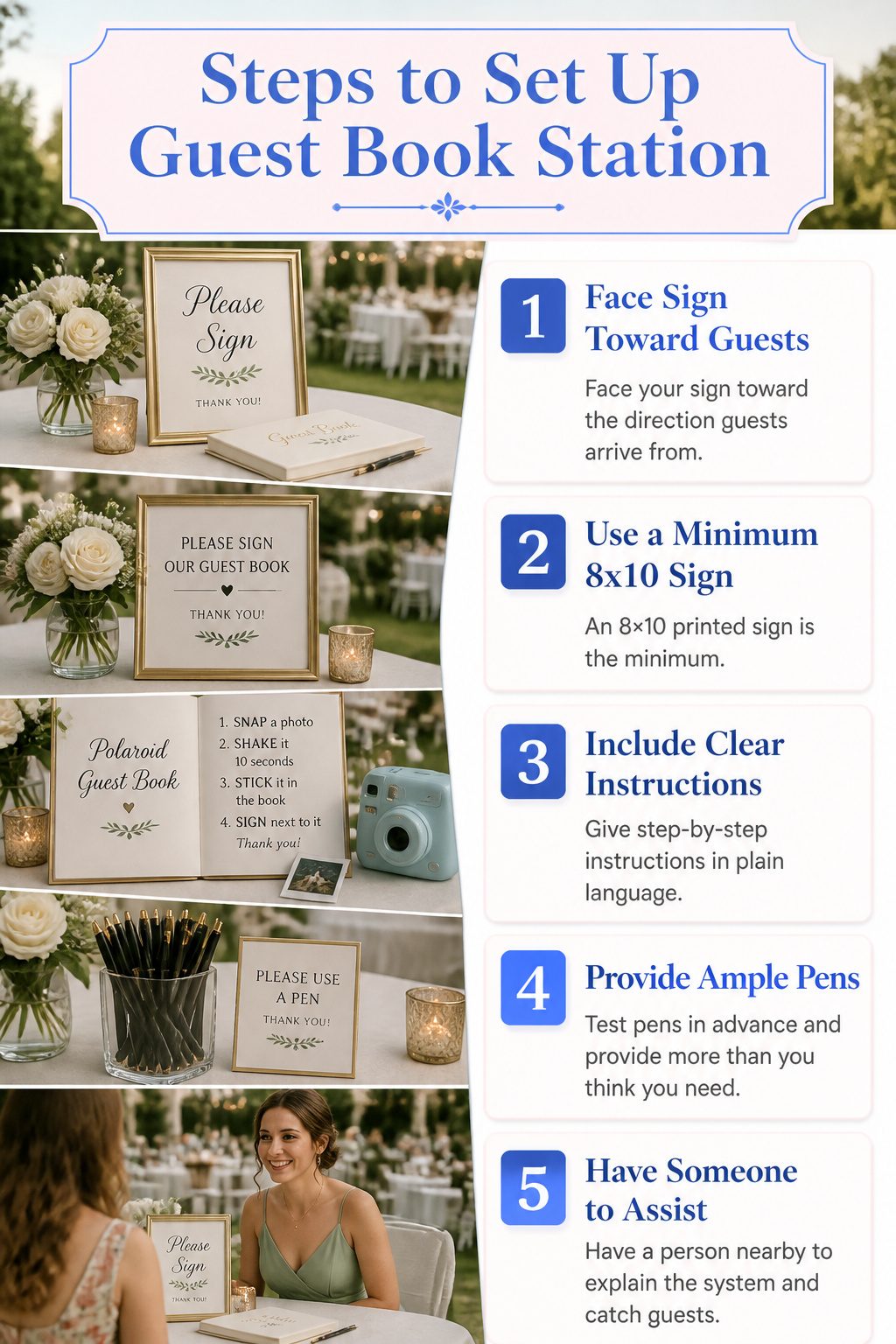 20 Wedding Sign In Ideas Guest Books Couples Actually Keep 23 An information image detailing steps to set up a guest book station.