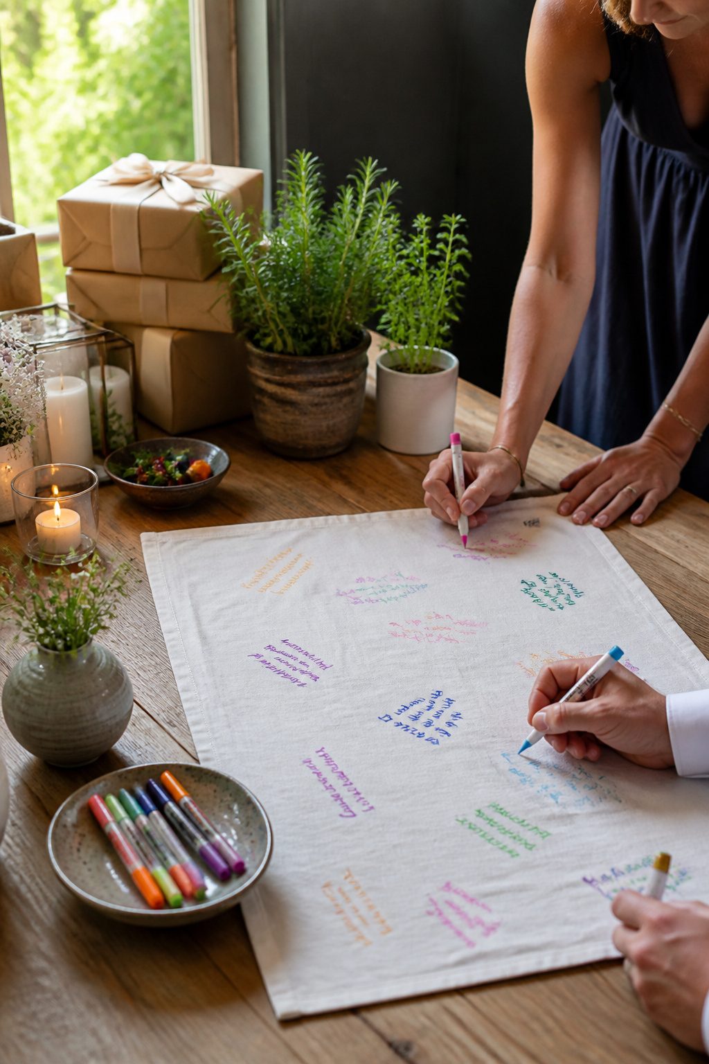 20 Wedding Sign In Ideas Guest Books Couples Actually Keep 18 A tea towel laid flat with fabric markers for guests to sign.