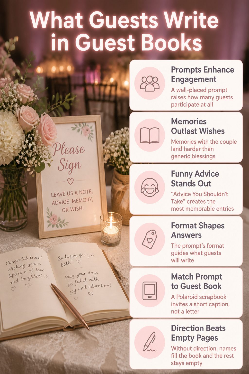 20 Wedding Sign In Ideas Guest Books Couples Actually Keep 21 An information image showing tips on what guests write in guest books.