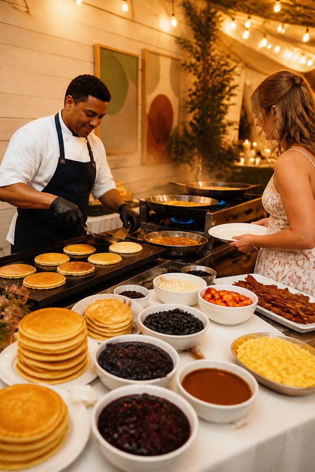 24 Wedding Station Ideas for 2026 Receptions 20 Pancakes and omelets being prepared at a buffet station.