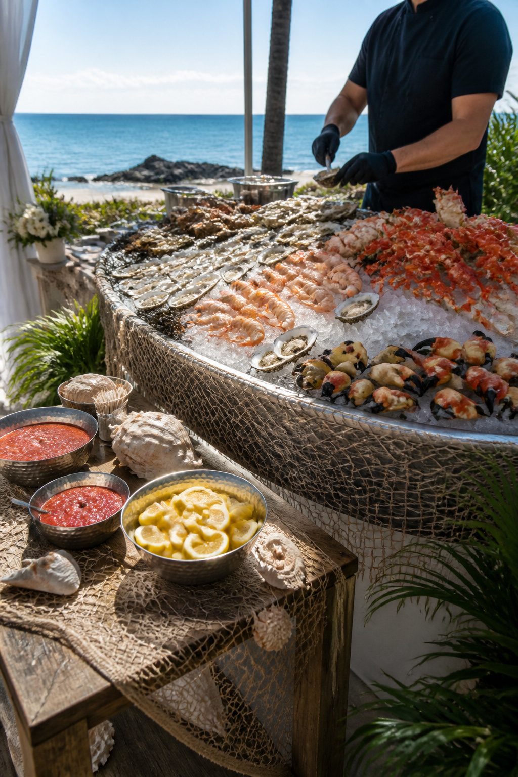 24 Wedding Station Ideas for 2026 Receptions 11 Seafood displayed on ice including oysters and shrimp.