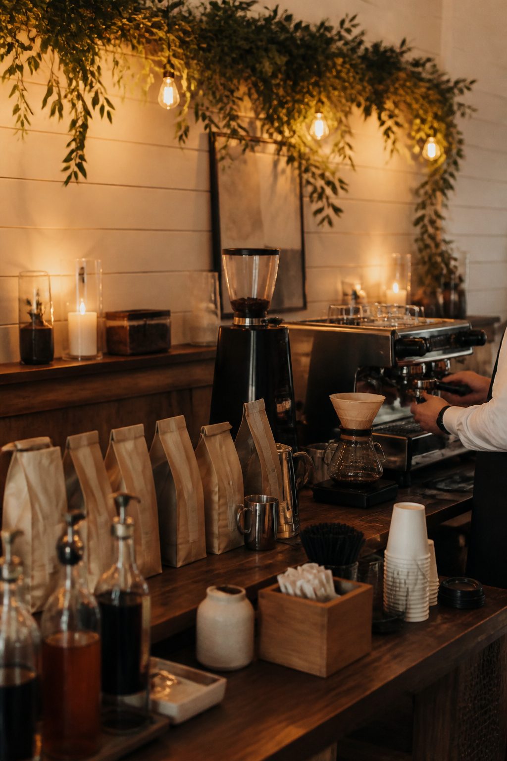 24 Wedding Station Ideas for 2026 Receptions 23 Barista preparing coffee drinks at a wedding coffee station.