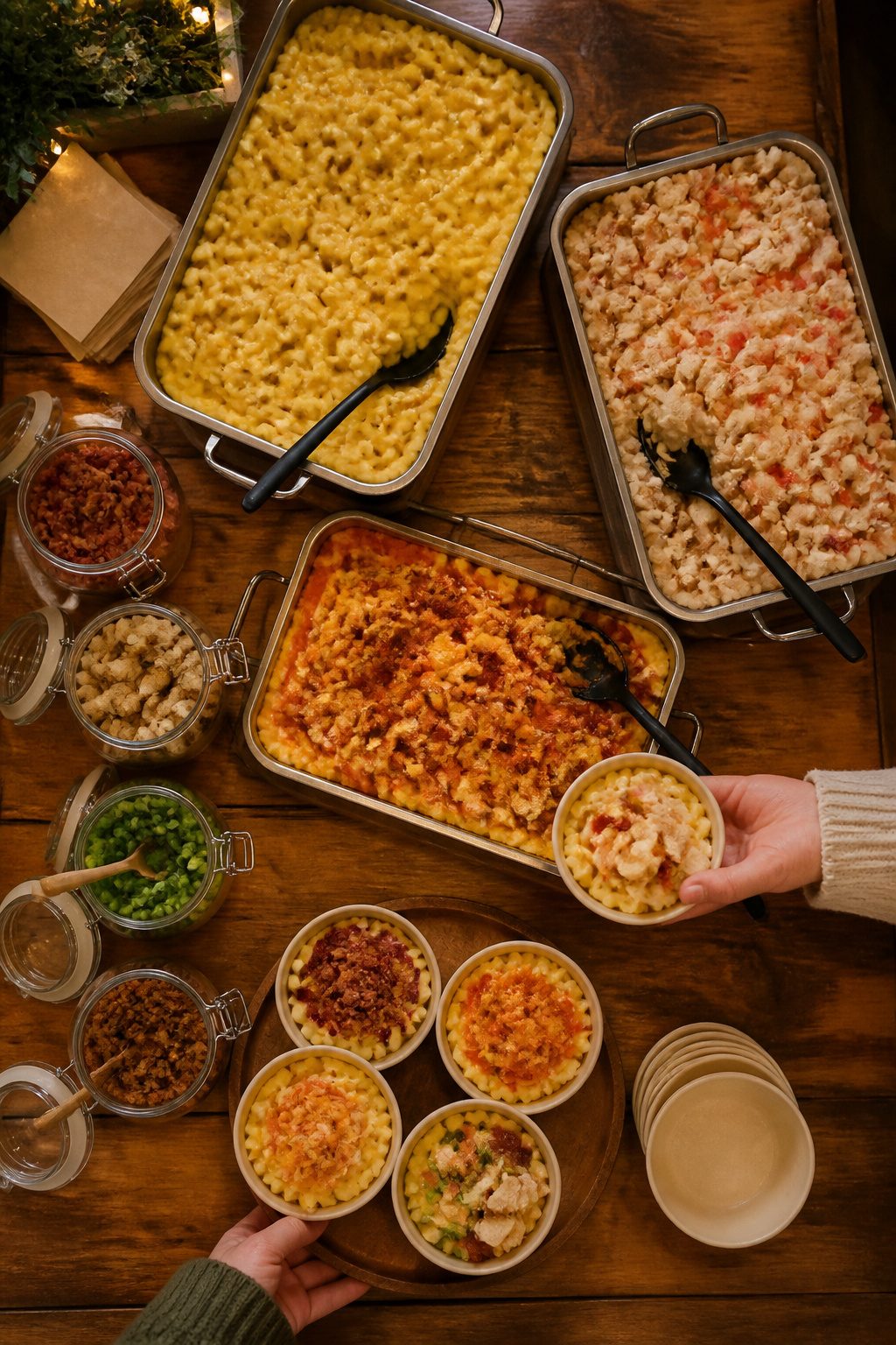 24 Wedding Station Ideas for 2026 Receptions 6 Bowls of macaroni and cheese with various toppings available.