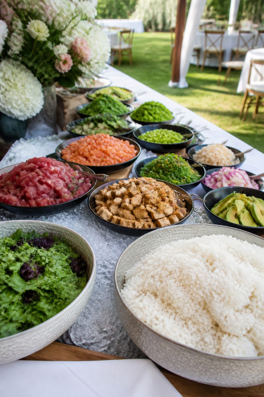 24 Wedding Station Ideas for 2026 Receptions 1 Bowls of poke ingredients including rice, fish, and toppings.