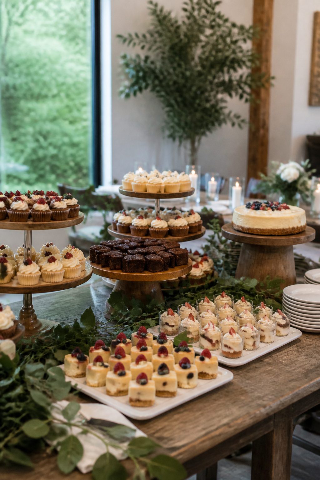 24 Wedding Station Ideas for 2026 Receptions 16 Cupcakes, brownies, and mini cheesecakes displayed attractively.