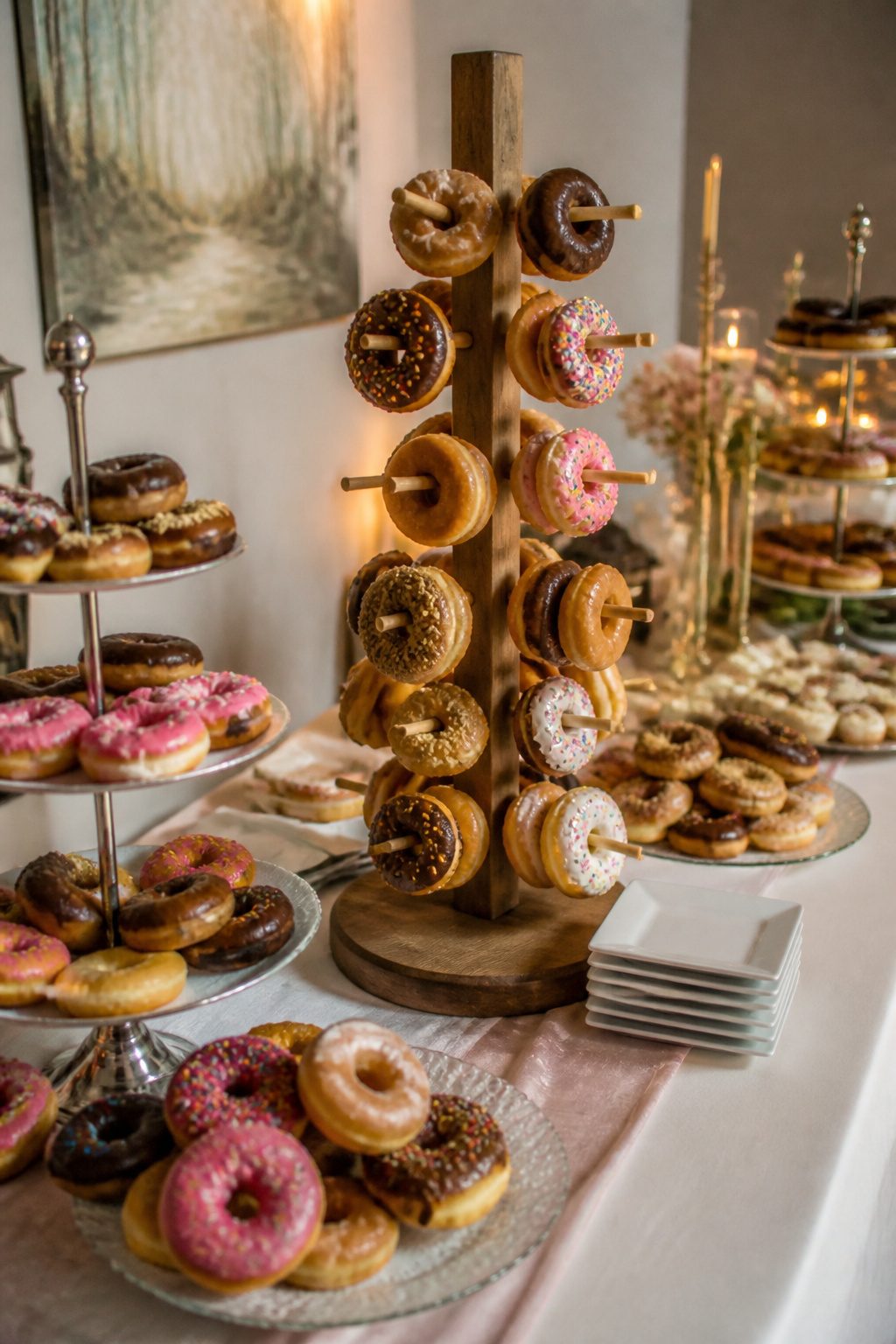 24 Wedding Station Ideas for 2026 Receptions 18 Stacks of donuts arranged on multi-tiered platters.